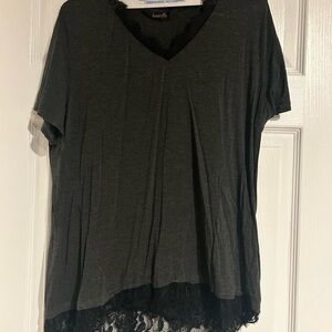 Amaryllis Women's Charcoal Lace Hem Tee